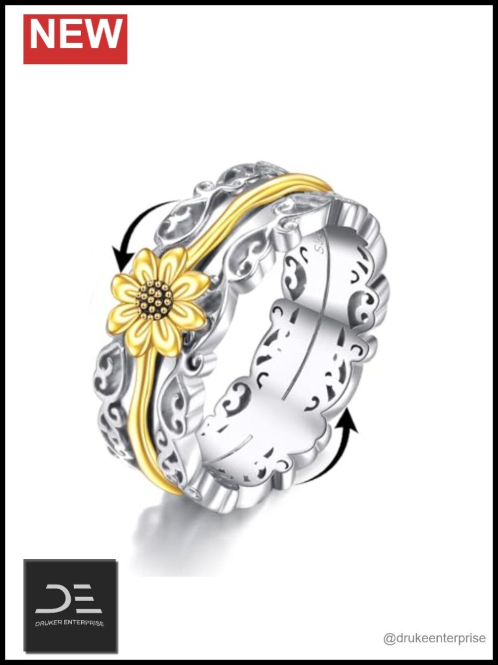 VONALA 925 Sterling Silver Sunflower Spinner Ring Size 9.5